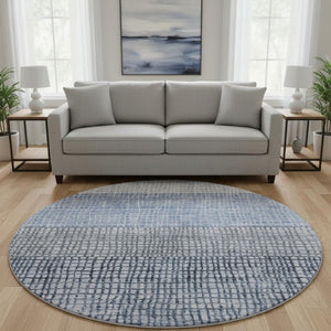 HomeRoots 8' Modern Blue and Gray Geometric Washable Round Rug with UV Protection for High-Traffic Areas 705020