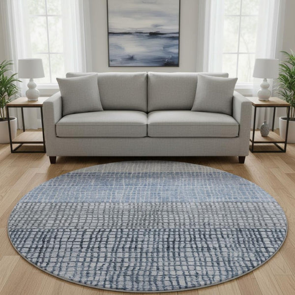 HomeRoots 8' Modern Blue and Gray Geometric Washable Round Rug with UV Protection for High-Traffic Areas 705020