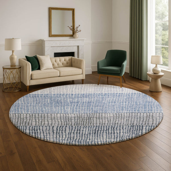 HomeRoots 8' Modern Blue and Gray Geometric Washable Round Rug with UV Protection for High-Traffic Areas 705020