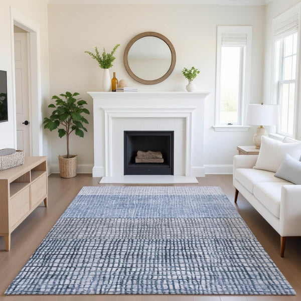 HomeRoots 9' X 12' Blue And Gray Geometric Area Rug – Durable, Washable, UV Protected, Perfect for High-Traffic Spaces 705022