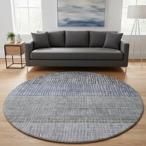 HomeRoots 8' Washable Denim Blue & Ivory Geometric Round Rug with UV Protection for Modern Spaces & Families 705026