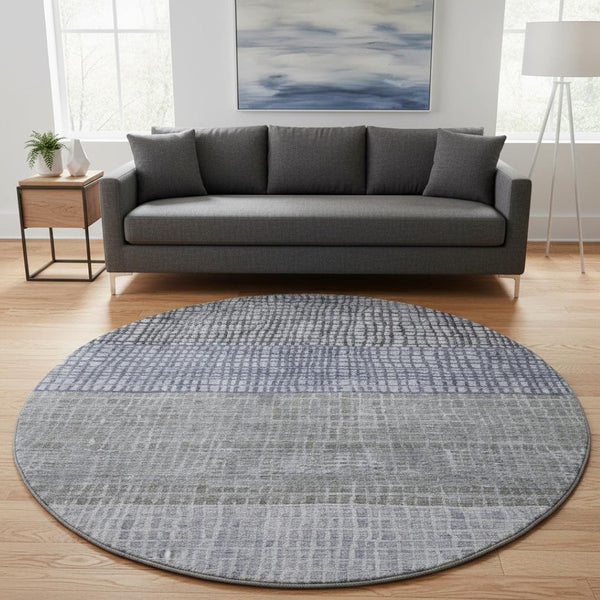 HomeRoots 8' Washable Denim Blue & Ivory Geometric Round Rug with UV Protection for Modern Spaces & Families 705026