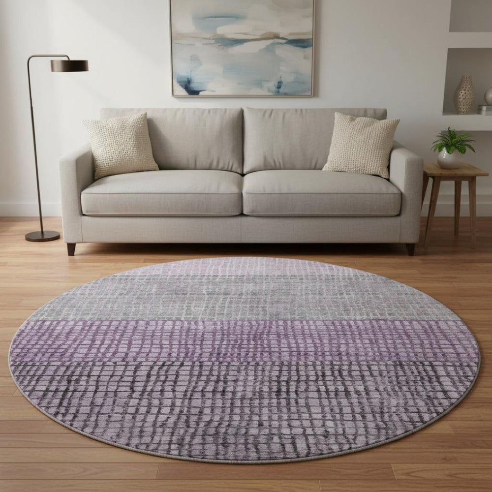 HomeRoots 8' Stylish Plum and Gray Geometric Washable Round Rug with UV Protection for Modern Living Spaces 705038
