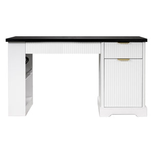 English Elm 55" Fluted White Computer Desk with Power Outlet Pegboard Cabinet and Keyboard Tray W2917P396008