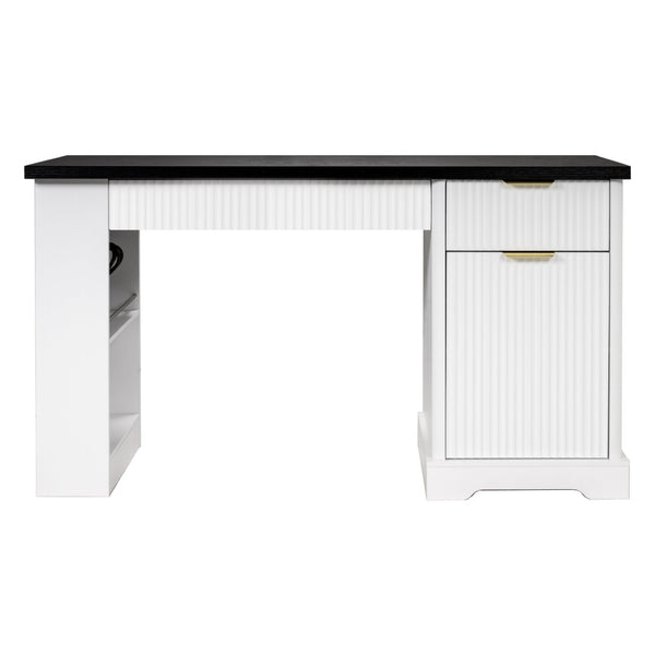 English Elm 55" Fluted White Computer Desk with Power Outlet Pegboard Cabinet and Keyboard Tray W2917P396008