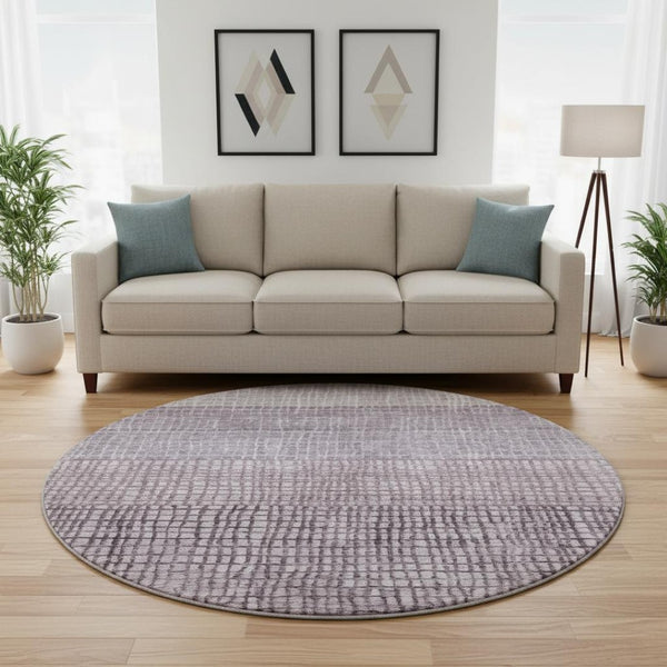 HomeRoots 8' Modern Purple and Ivory Geometric Washable Round Rug with UV Protection for High-Traffic Areas 705044