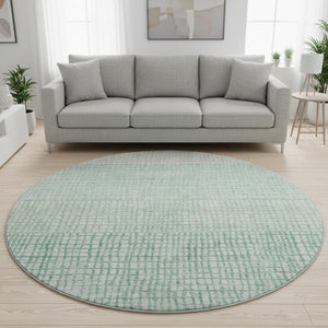 HomeRoots 8' Teal and Ivory Geometric Round Rug - Durable, Washable, UV-Protected for High-Traffic Areas 705062