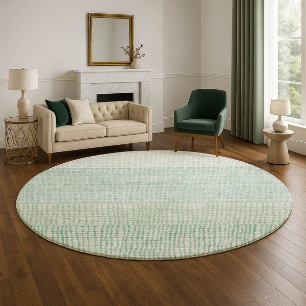 HomeRoots 8' Teal and Ivory Geometric Round Rug - Durable, Washable, UV-Protected for High-Traffic Areas 705062