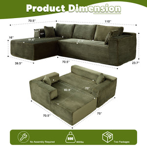 English Elm Compression Sectional Couch – Cozy Green Corduroy L-Shaped Sofa With Chaise For Small Spaces & Lounging W3723S00003