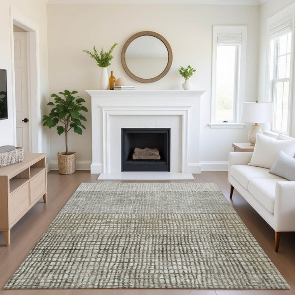 HomeRoots 10' X 14' Taupe and Brown Geometric Area Rug - Stylish, Washable, UV-Protected for Any Space! 705071