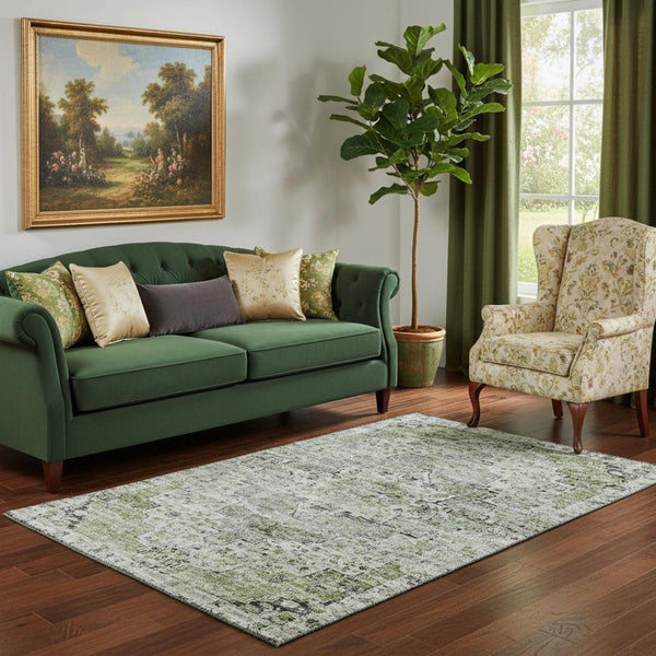 HomeRoots 5' X 8' Artichoke Green and Gray Floral Medallion Area Rug - Durable, Washable, UV Protected Elegance 705073