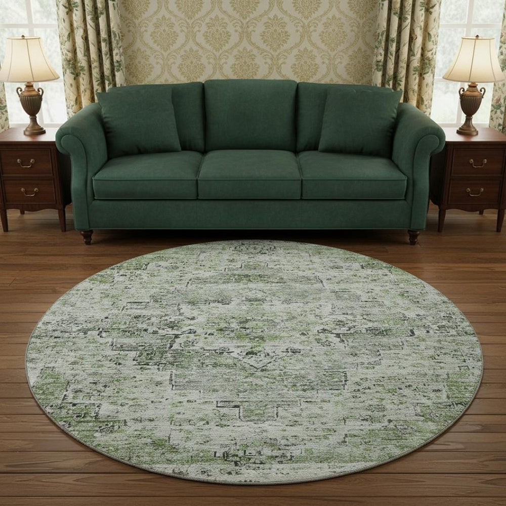 HomeRoots 8' Artichoke Green & Gray Floral Medallion Round Rug - Stain Resistant, UV Protected, Non-Slip Backing 705074