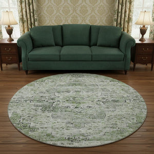 HomeRoots 8' Artichoke Green & Gray Floral Medallion Round Rug - Stain Resistant, UV Protected, Non-Slip Backing 705074