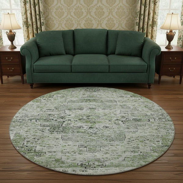 HomeRoots 8' Artichoke Green & Gray Floral Medallion Round Rug - Stain Resistant, UV Protected, Non-Slip Backing 705074