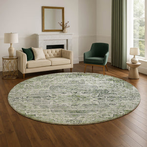 HomeRoots 8' Artichoke Green & Gray Floral Medallion Round Rug - Stain Resistant, UV Protected, Non-Slip Backing 705074