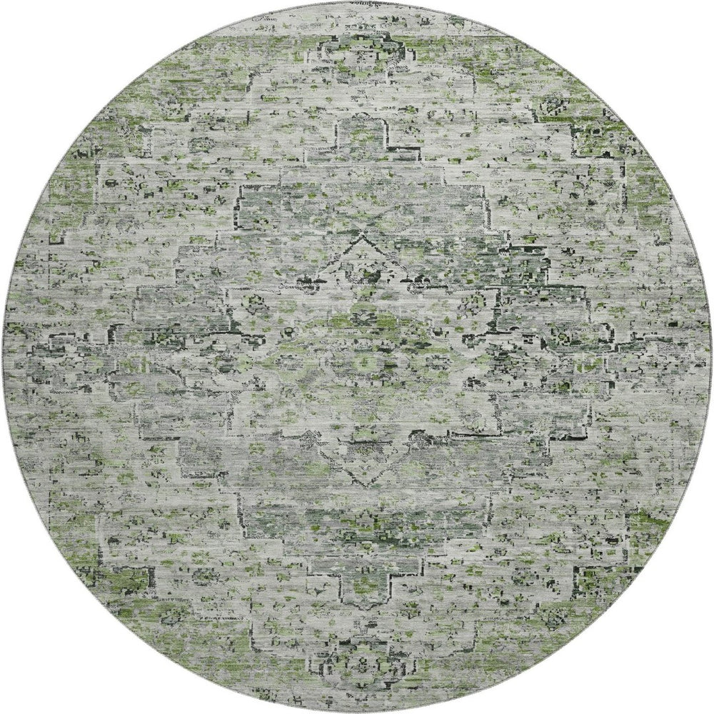 HomeRoots 8' Artichoke Green & Gray Floral Medallion Round Rug - Stain Resistant, UV Protected, Non-Slip Backing 705074