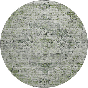 HomeRoots 8' Artichoke Green & Gray Floral Medallion Round Rug - Stain Resistant, UV Protected, Non-Slip Backing 705074