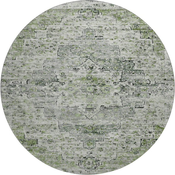 HomeRoots 8' Artichoke Green & Gray Floral Medallion Round Rug - Stain Resistant, UV Protected, Non-Slip Backing 705074