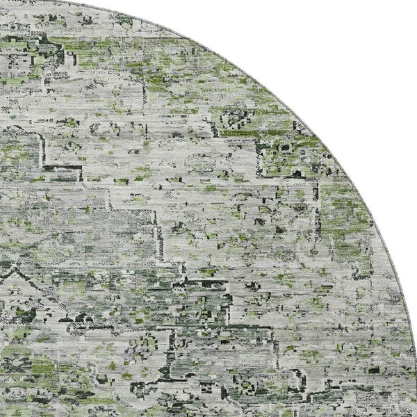HomeRoots 8' Artichoke Green & Gray Floral Medallion Round Rug - Stain Resistant, UV Protected, Non-Slip Backing 705074