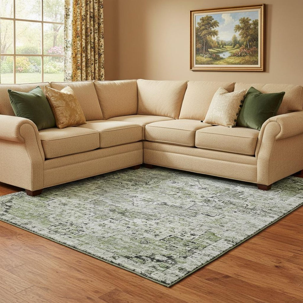 HomeRoots 8' X 10' Artichoke Green Floral Medallion Area Rug – Washable, UV Protected, Durable & Stylish! 705075