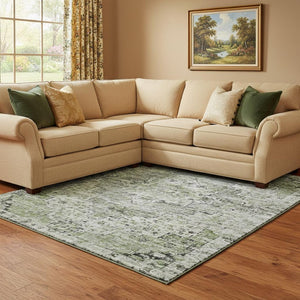 HomeRoots 8' X 10' Artichoke Green Floral Medallion Area Rug – Washable, UV Protected, Durable & Stylish! 705075