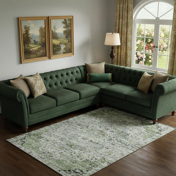 HomeRoots 10' X 14' Artichoke Green Floral Medallion Area Rug – Washable, Stain-Resistant, UV Protected Design 705077