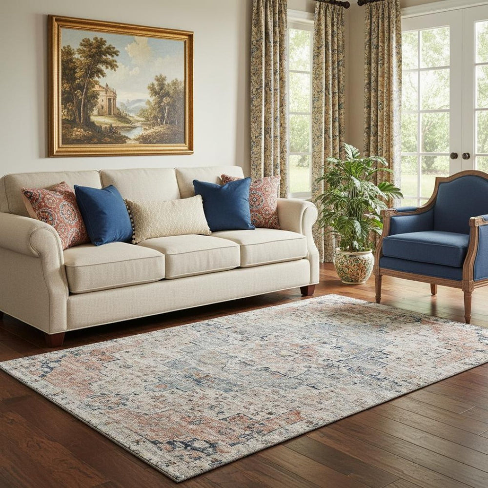 HomeRoots 5' X 8' Washable Beige Blue Coral Floral Medallion Area Rug with UV Protection for Home Decor 705079