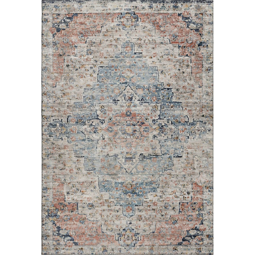 HomeRoots 5' X 8' Washable Beige Blue Coral Floral Medallion Area Rug with UV Protection for Home Decor 705079