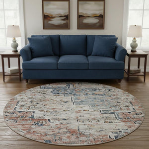 HomeRoots 8' Beige, Blue & Coral Floral Medallion Washable Round Area Rug with UV Protection & Non-Slip Backing 705080