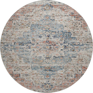 HomeRoots 8' Beige, Blue & Coral Floral Medallion Washable Round Area Rug with UV Protection & Non-Slip Backing 705080