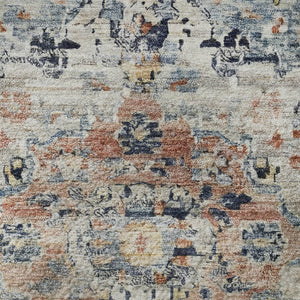 HomeRoots 8' Beige, Blue & Coral Floral Medallion Washable Round Area Rug with UV Protection & Non-Slip Backing 705080