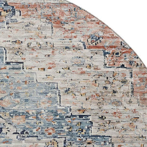 HomeRoots 8' Beige, Blue & Coral Floral Medallion Washable Round Area Rug with UV Protection & Non-Slip Backing 705080