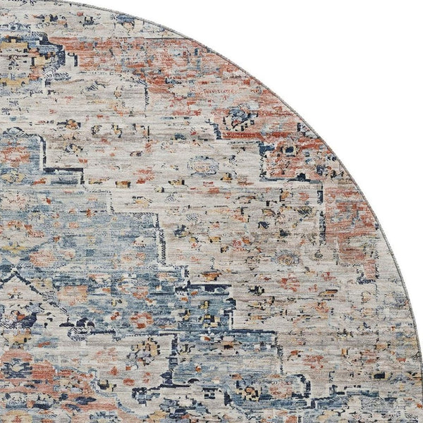 HomeRoots 8' Beige, Blue & Coral Floral Medallion Washable Round Area Rug with UV Protection & Non-Slip Backing 705080
