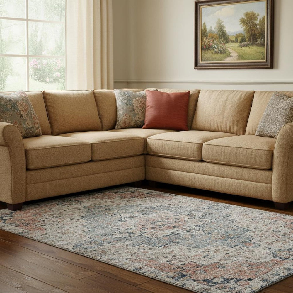 HomeRoots 8' X 10' Floral Medallion Area Rug in Beige, Blue & Coral - Washable, UV-Protected & Non-Slip Design 705081