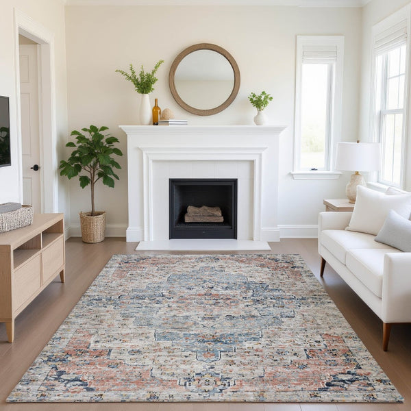 HomeRoots 9' X 12' Elegant Beige Floral Medallion Area Rug - Washable, UV Protected, Ideal for Busy Homes 705082