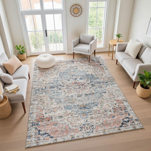 HomeRoots 9' X 12' Elegant Beige Floral Medallion Area Rug - Washable, UV Protected, Ideal for Busy Homes 705082