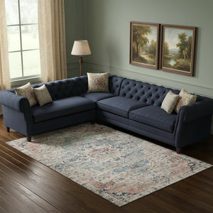 HomeRoots 10' X 14' Beige Blue Coral Floral Medallion Area Rug – Washable, UV Protected, Family-Friendly Design 705083