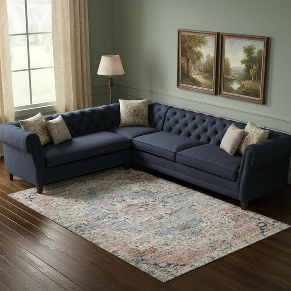 HomeRoots 10' X 14' Beige Blue Coral Floral Medallion Area Rug – Washable, UV Protected, Family-Friendly Design 705083