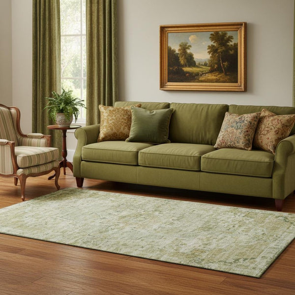 HomeRoots 5' X 8' Sage Floral Medallion Area Rug - Washable, UV Protected, Non-Slip & Ideal for Family Homes 705085