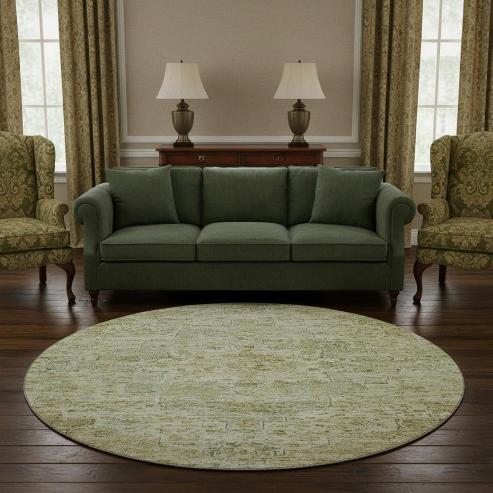 HomeRoots 8' Sage and Wheat Floral Medallion Round Rug – Washable, UV Protected, Perfect for High-Traffic Homes 705086