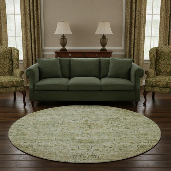 HomeRoots 8' Sage and Wheat Floral Medallion Round Rug – Washable, UV Protected, Perfect for High-Traffic Homes 705086