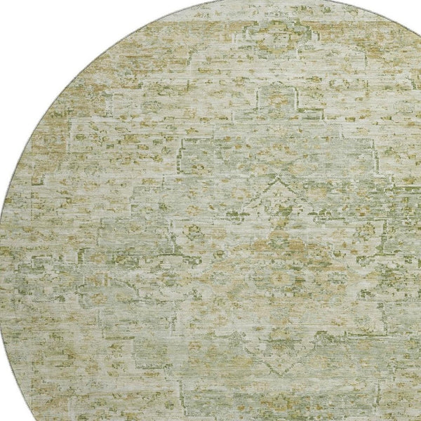HomeRoots 8' Sage and Wheat Floral Medallion Round Rug – Washable, UV Protected, Perfect for High-Traffic Homes 705086