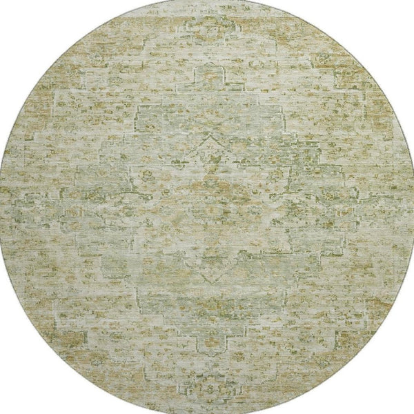 HomeRoots 8' Sage and Wheat Floral Medallion Round Rug – Washable, UV Protected, Perfect for High-Traffic Homes 705086