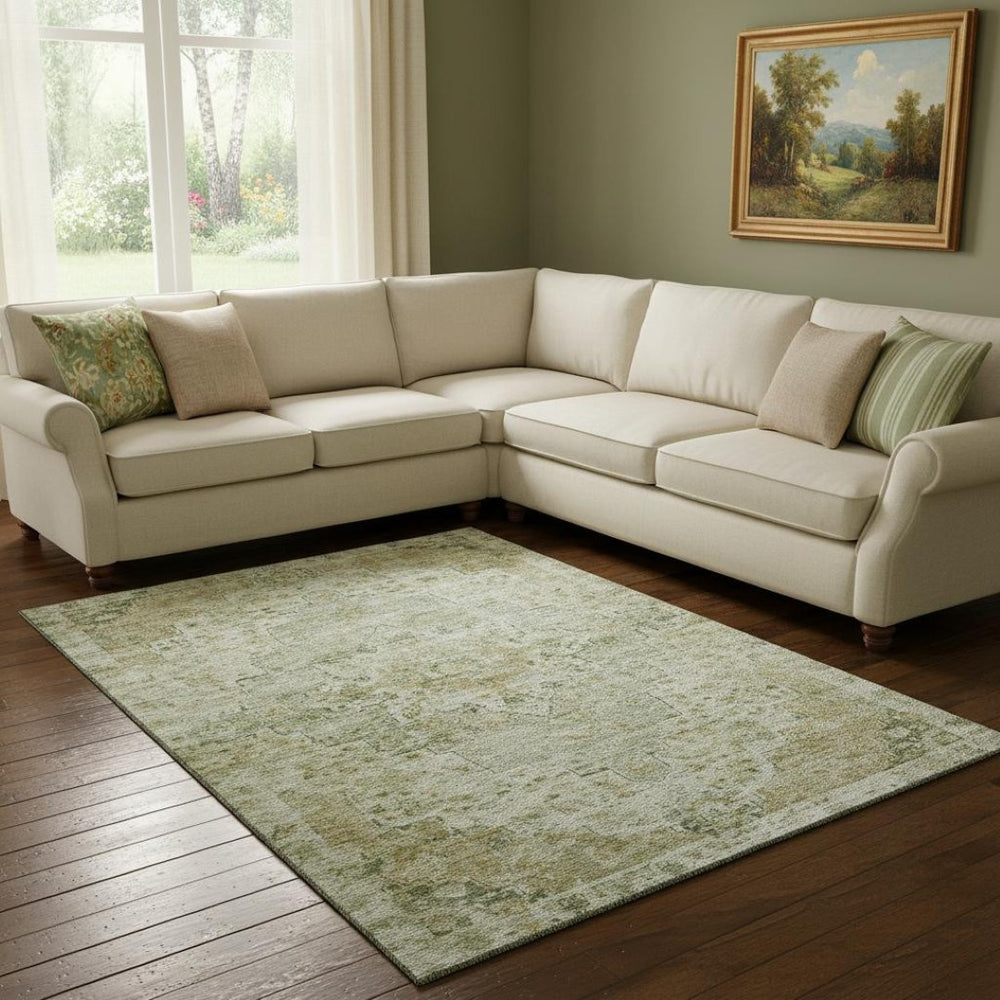 HomeRoots 8' X 10' Sage Floral Medallion Washable Area Rug – UV Protection, Stain-Resistant, Pet-Friendly Design 705087