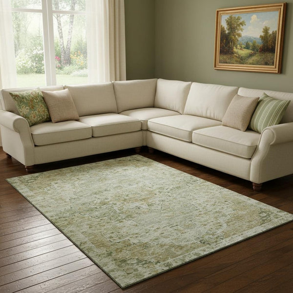 HomeRoots 8' X 10' Sage Floral Medallion Washable Area Rug – UV Protection, Stain-Resistant, Pet-Friendly Design 705087