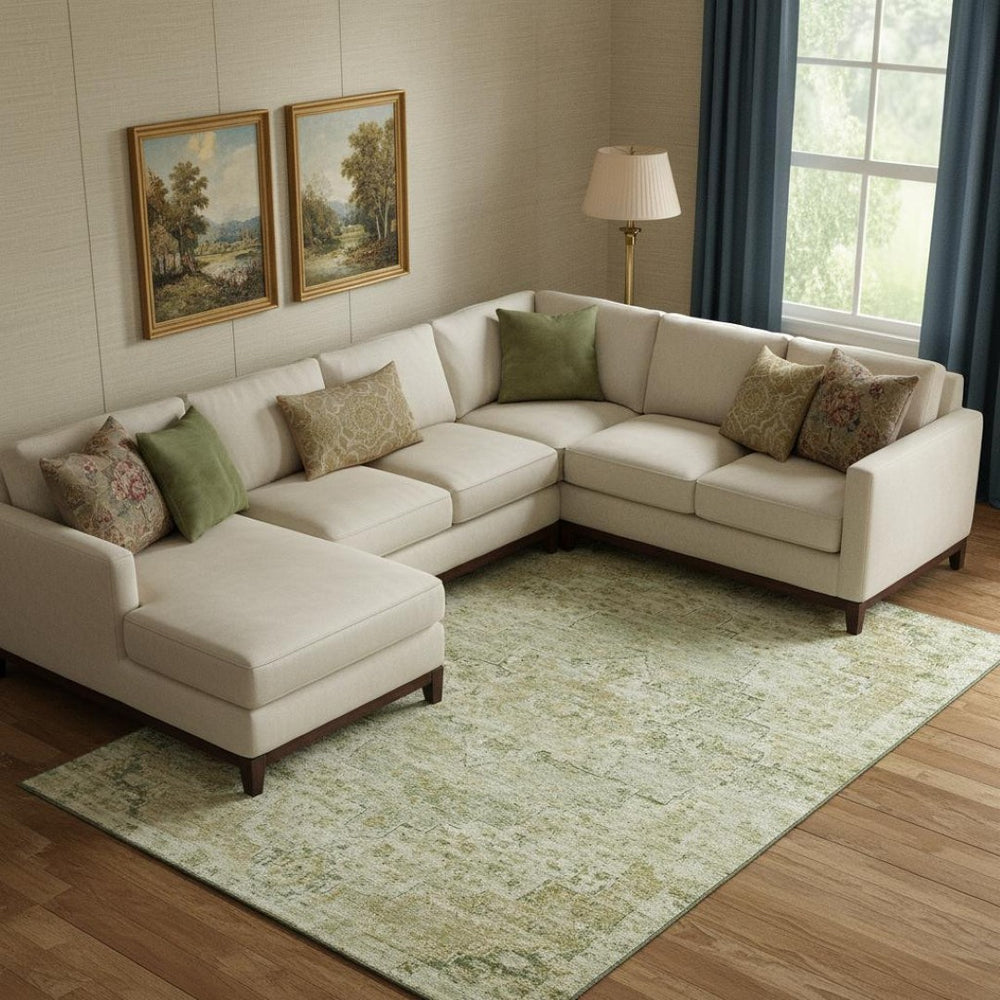 HomeRoots 10' X 14' Sage and Wheat Floral Medallion Area Rug - Washable, UV Protected, Non-Slip, Family-Friendly 705089