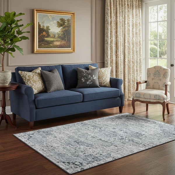 HomeRoots 5' X 8' Sky Blue Floral Medallion Area Rug - Washable, UV-Protected, Durable for Family Homes 705091