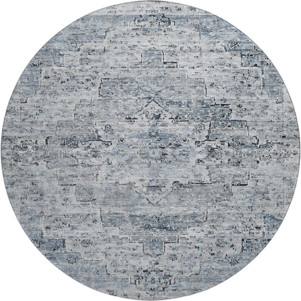 HomeRoots 8' Sky Blue Floral Medallion Round Rug – Washable, Stain-Resistant, UV Protected for Home & Outdoor Use 705092