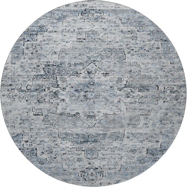 HomeRoots 8' Sky Blue Floral Medallion Round Rug – Washable, Stain-Resistant, UV Protected for Home & Outdoor Use 705092