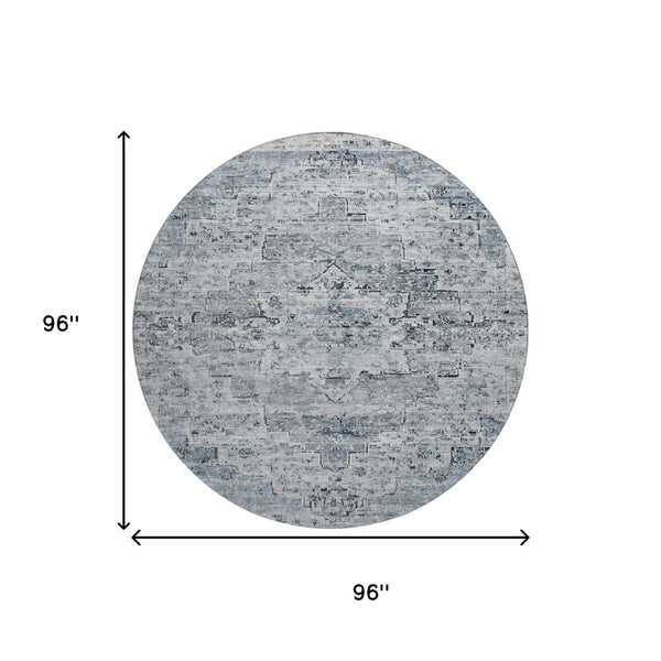 HomeRoots 8' Sky Blue Floral Medallion Round Rug – Washable, Stain-Resistant, UV Protected for Home & Outdoor Use 705092